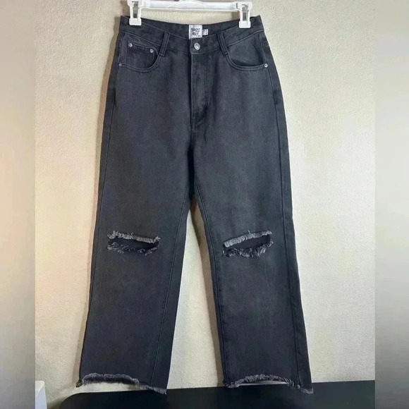 Princess Polly HIgh rise Black Wash Wide Leg Ripped Distressed Jeans Size 4 - Picture 1 of 5